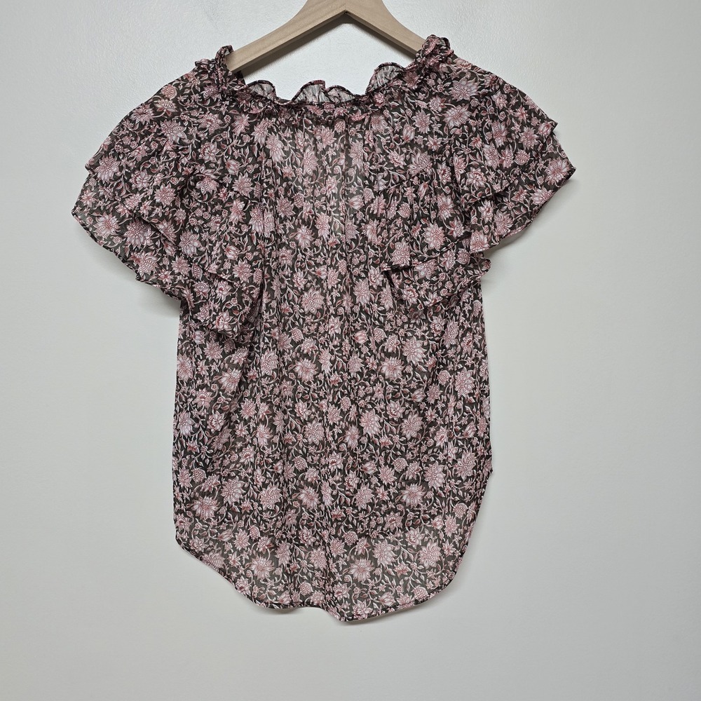Anthropologie Blouse Medium V Neck Flutter Sleeve Floral Ruffle Sheer NWT - Picture 5 of 7
